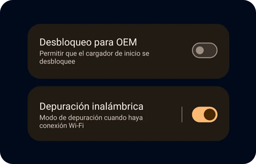 Activar depuración inalámbrica y desactivar desbloqueo OEM
